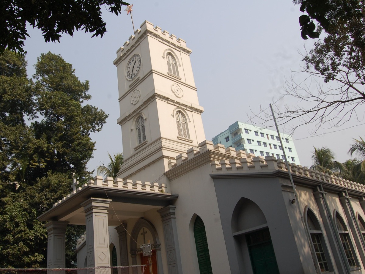 A plain white church building