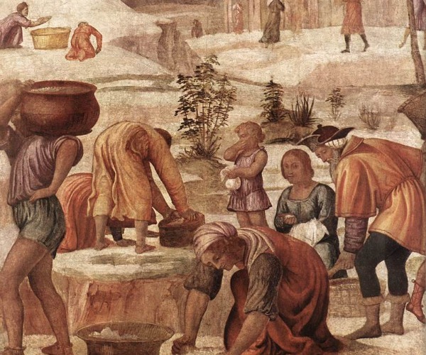 Painting of people gathering food from the ground and placing it into baskets