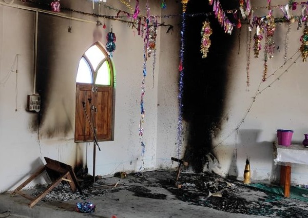 The burned interior of a church building