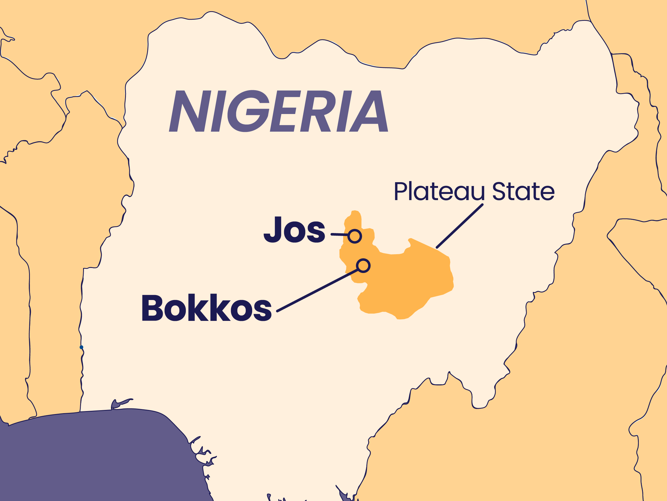 Map of Plateau State showing Jos and Bokkos