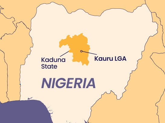 Map showing Kauru Local Government Area in Kaduna State, central Nigeria