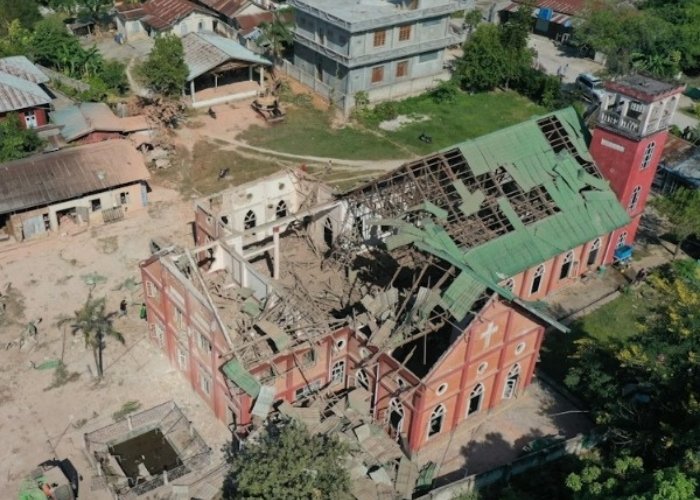Aerial view of a destroyed church in north-eastern Myanmar, highlighting the impact of civil war and persecution on communities.