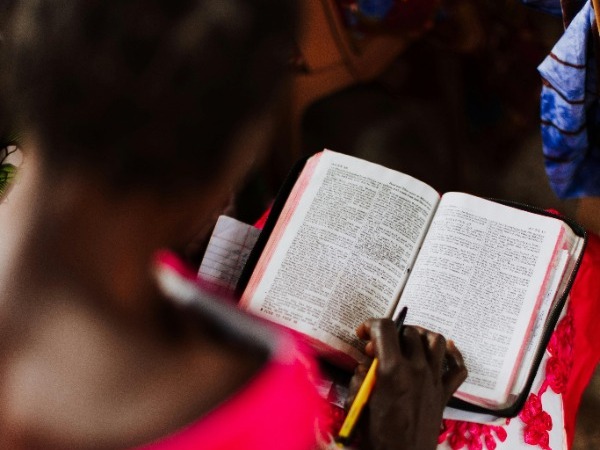A woman engaged in reading a Bible inside a church